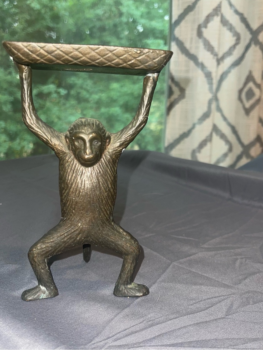 Vintage Brass Monkey Business Card Holder Strong Man Butler Trinket Tray 7"